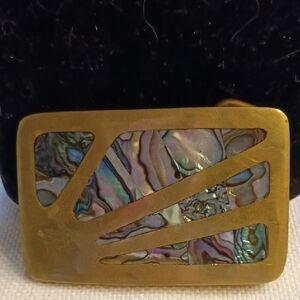 Abalone Inlay Rectangular Brass Belt Buckle - Irridescent Blues & Greens